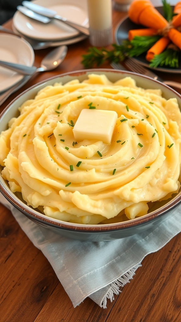 A bowl of creamy mashed potatoes with butter and chives, ready to serve at a family dinner.